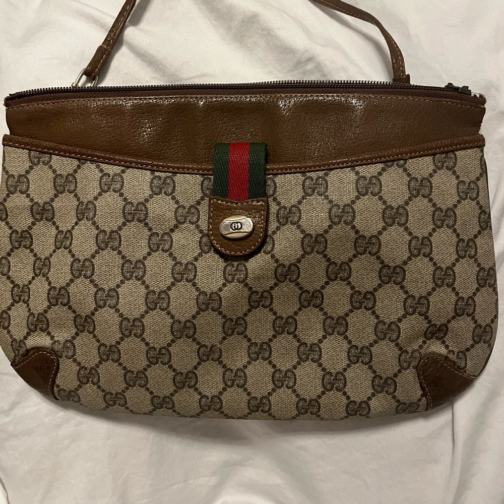 Gucci Beige Brown GG Canvas Crossbody with Green Red Web